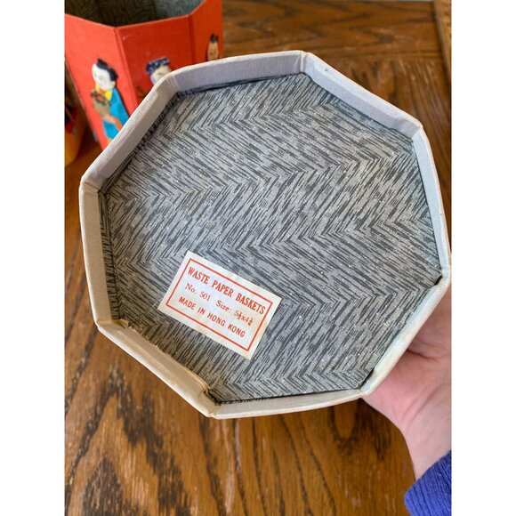 Vintage Handcrafted Octagonal Waste Paper Baskets Made In Hong Kong With Asian F - Picture 3 of 6